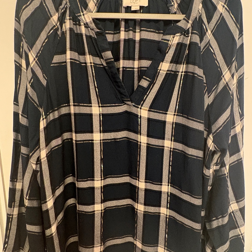 LOFT Navy and White Plaid Blouse
